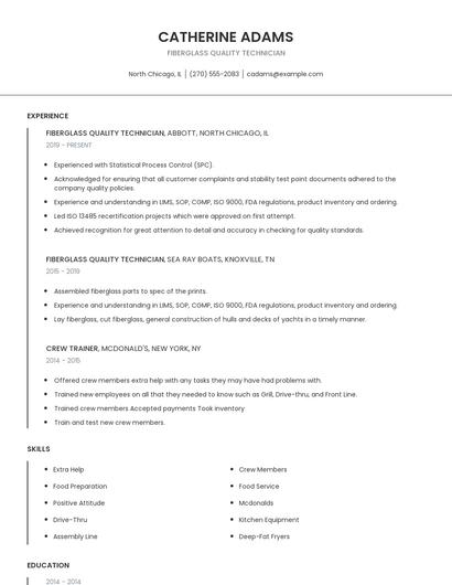 Fiberglass Quality Technician Resume