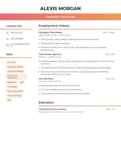 Fiberglass Tube Molder Resume