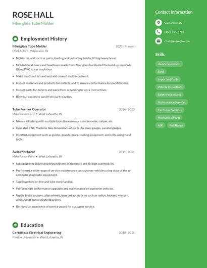 Fiberglass Tube Molder Resume