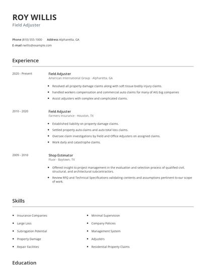 Field Adjuster Resume