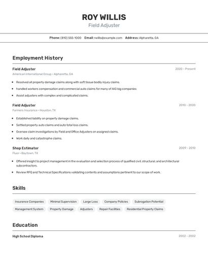 Field Adjuster Resume
