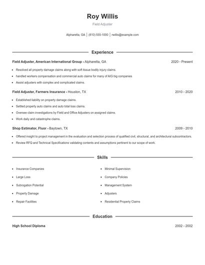 Field Adjuster Resume