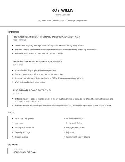 Field Adjuster Resume