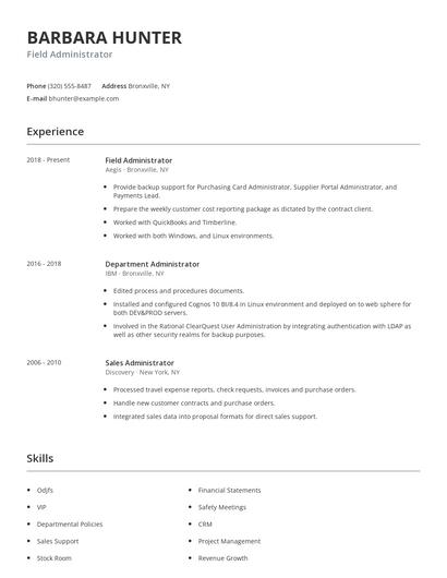 Field Administrator Resume