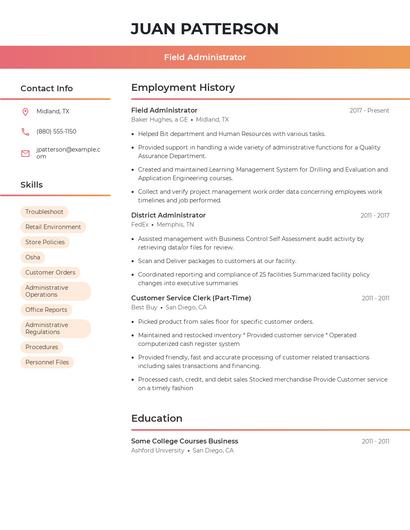 Field Administrator Resume