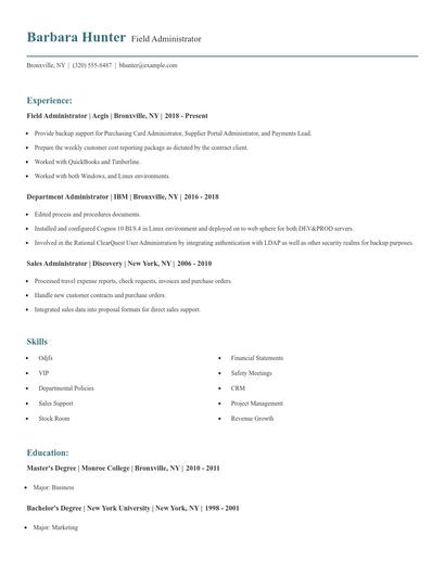 Field Administrator Resume