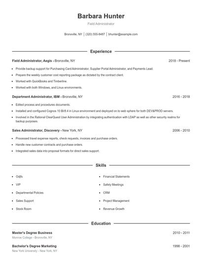 Field Administrator Resume