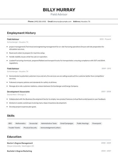 Field Advisor Resume