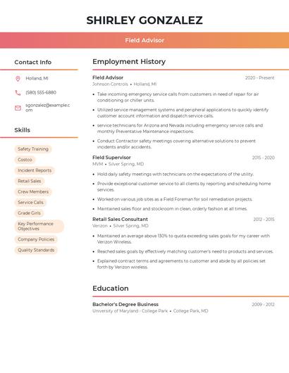 Field Advisor Resume