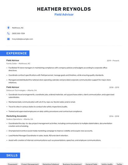 Field Advisor Resume