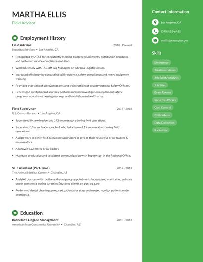Field Advisor Resume