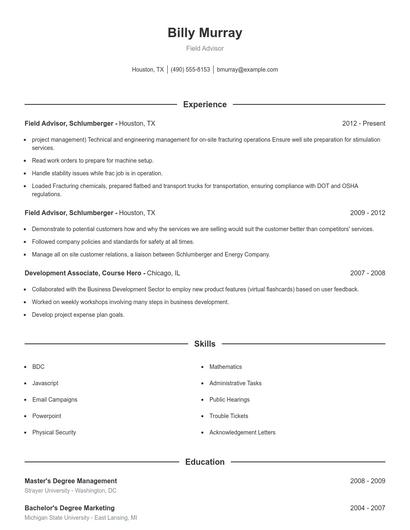 Field Advisor Resume