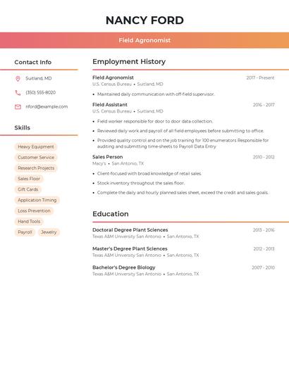 Field Agronomist Resume