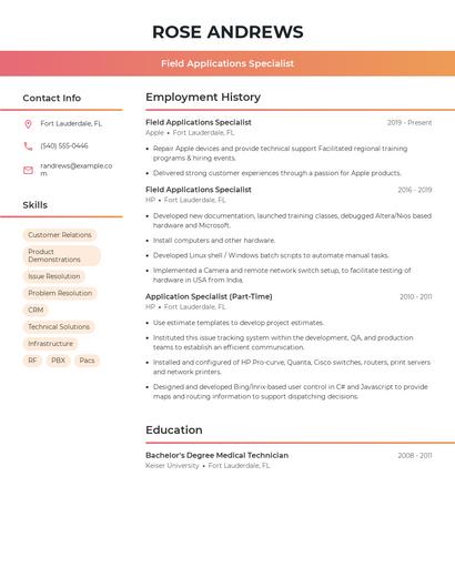 Field Applications Specialist Resume