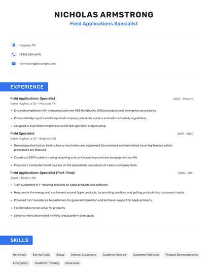 Field Applications Specialist Resume