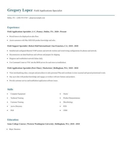 Field Applications Specialist Resume