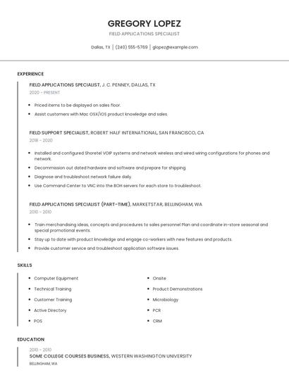 Field Applications Specialist Resume