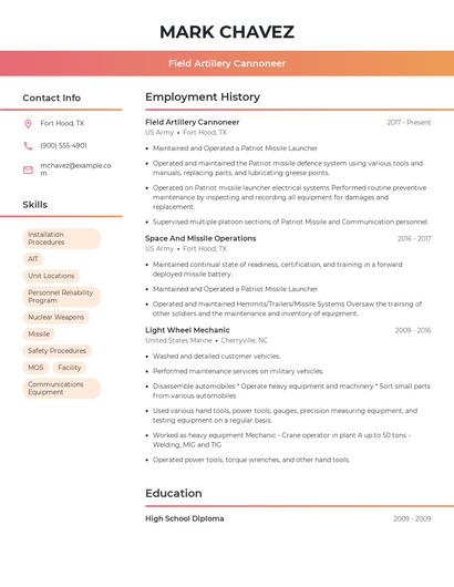 Field Artillery Cannoneer Resume