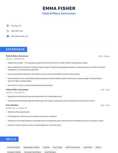 Field Artillery Cannoneer Resume