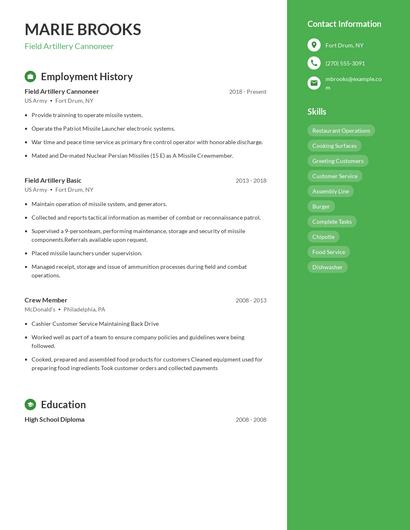 Field Artillery Cannoneer Resume