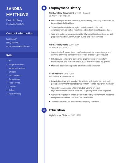 Field Artillery Crewmember Resume