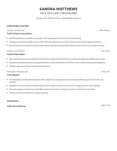 Field Artillery Crewmember Resume