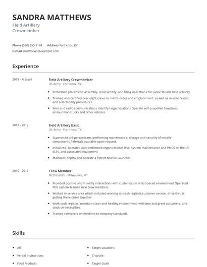 Field Artillery Crewmember Resume