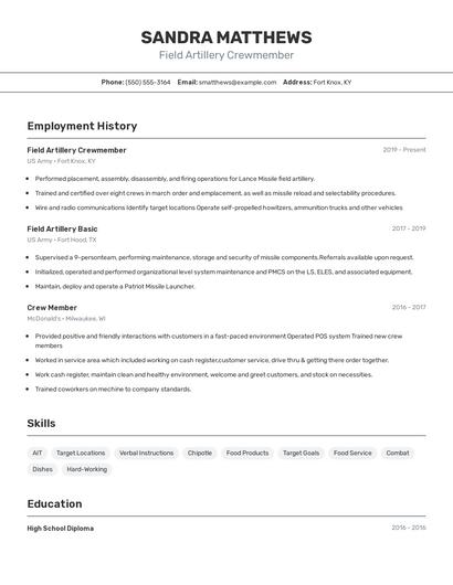 Field Artillery Crewmember Resume