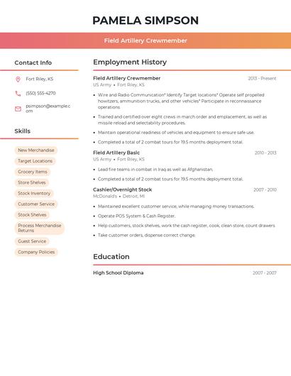 Field Artillery Crewmember Resume
