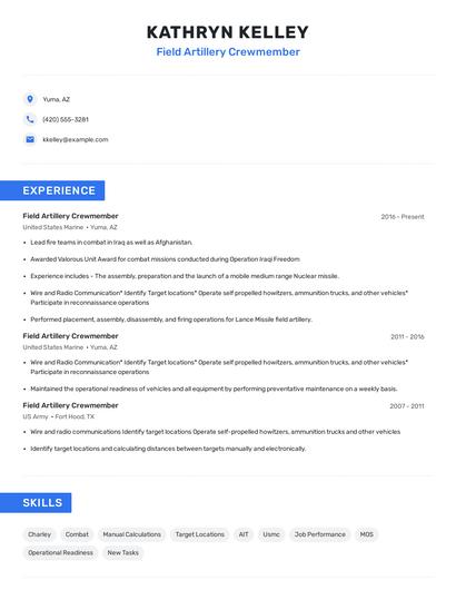Field Artillery Crewmember Resume