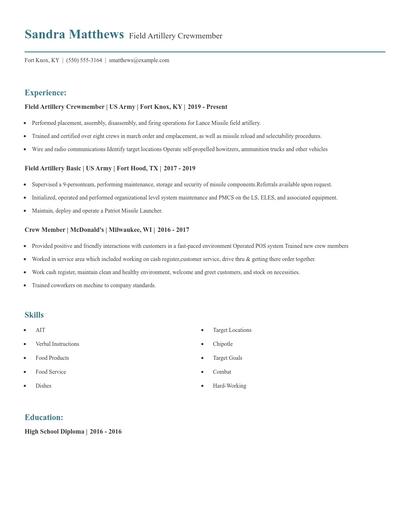 Field Artillery Crewmember Resume