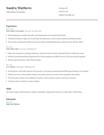 Field Artillery Crewmember Resume