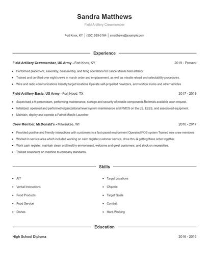 Field Artillery Crewmember Resume