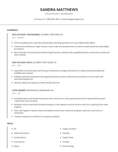 Field Artillery Crewmember Resume