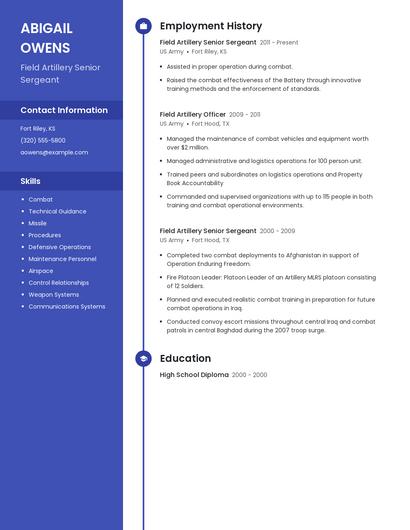 Field Artillery Senior Sergeant Resume
