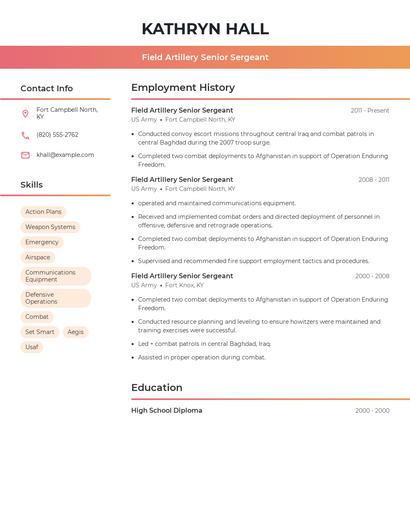 Field Artillery Senior Sergeant Resume