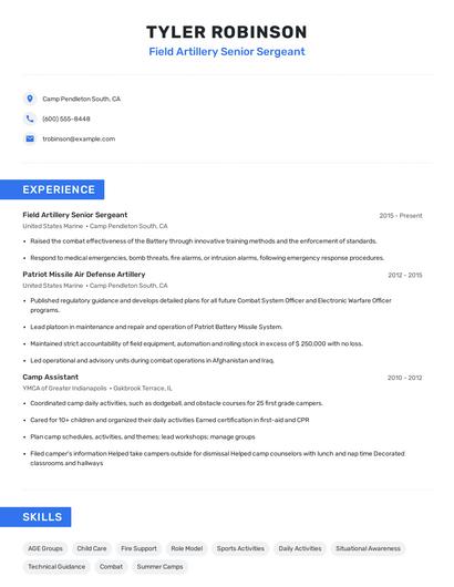 Field Artillery Senior Sergeant Resume