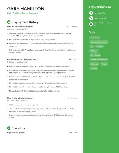 Field Artillery Senior Sergeant Resume