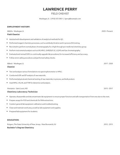 Field Chemist Resume