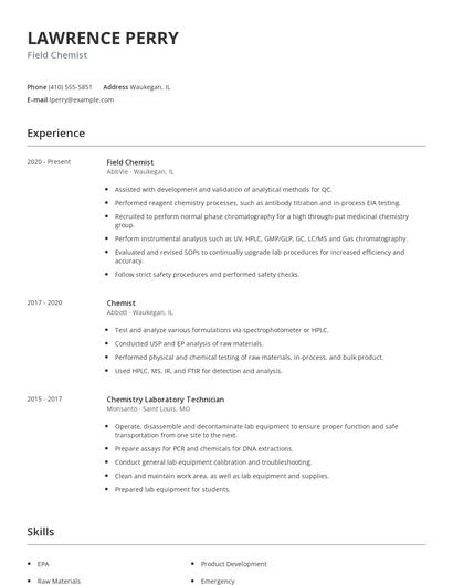 Field Chemist Resume