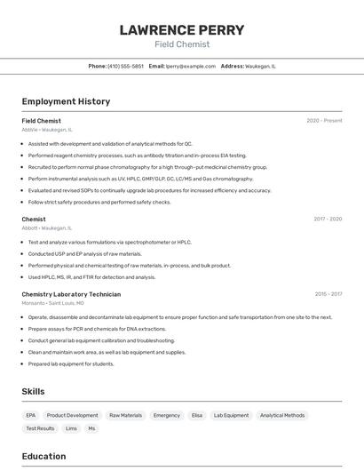 Field Chemist Resume