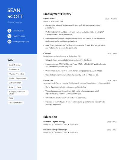 Field Chemist Resume