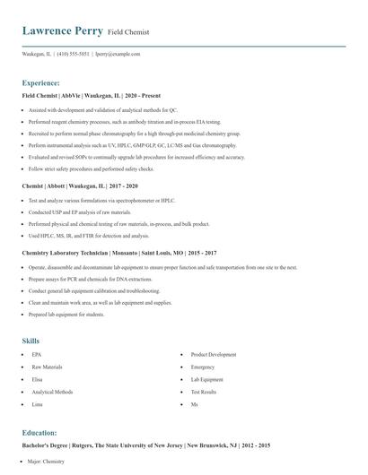 Field Chemist Resume