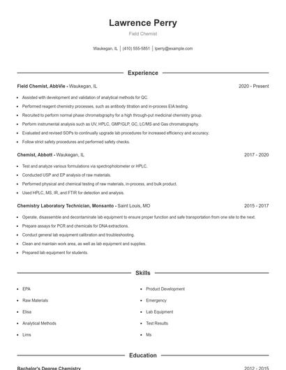 Field Chemist Resume