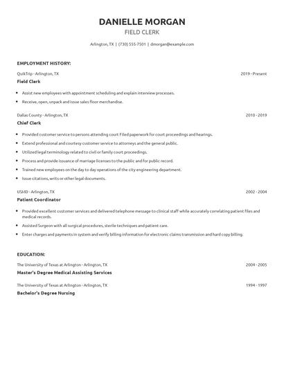 Field Clerk Resume