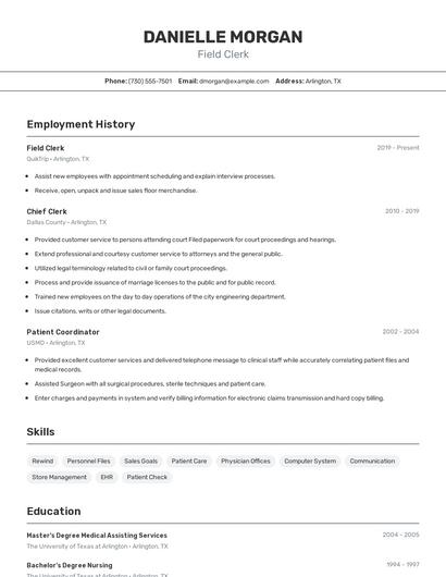 Field Clerk Resume