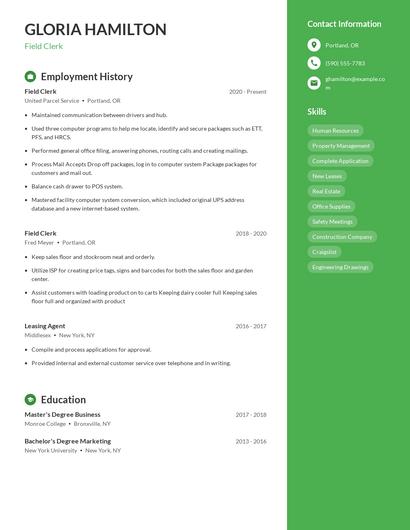 Field Clerk Resume