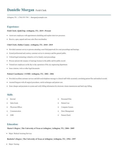 Field Clerk Resume