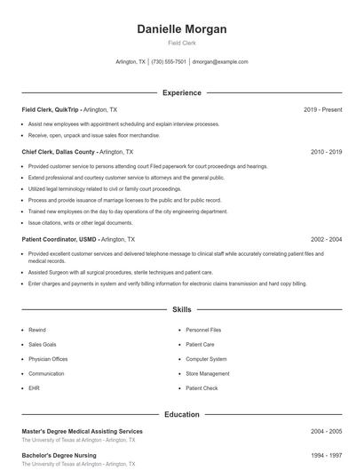 Field Clerk Resume