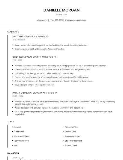 Field Clerk Resume